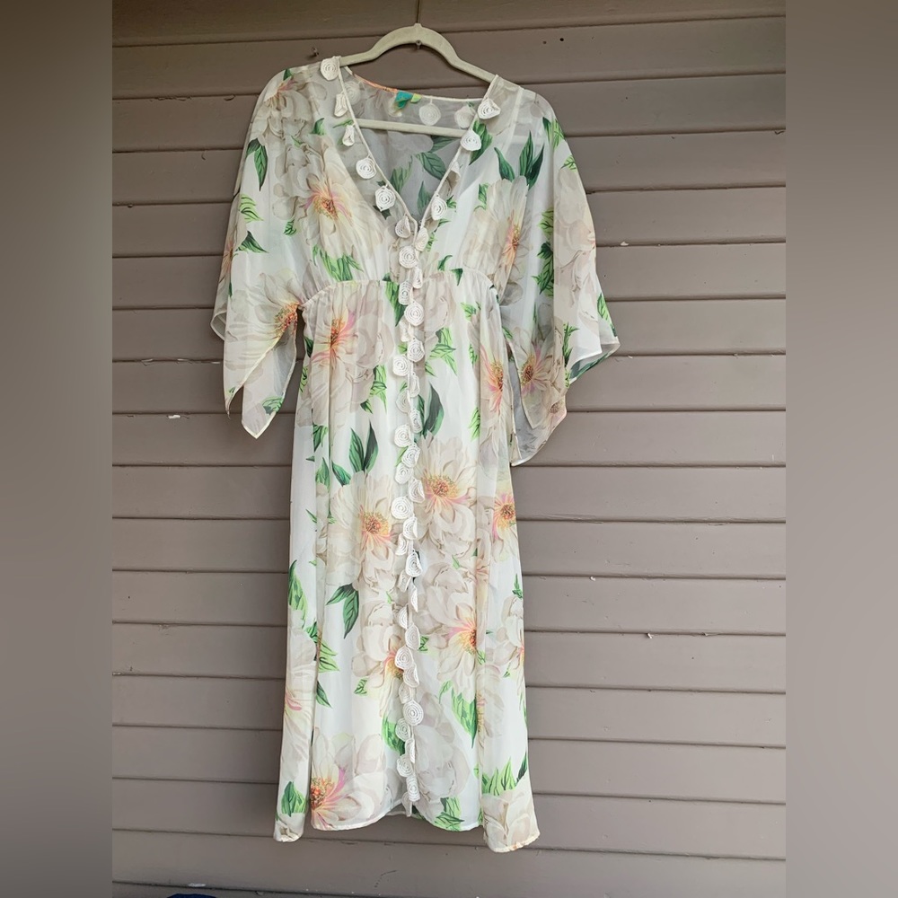 Farm Rio x Anthropologie Dahlia Boho White Chiffon Floral Maxi Dress Size S - Picture 1 of 15